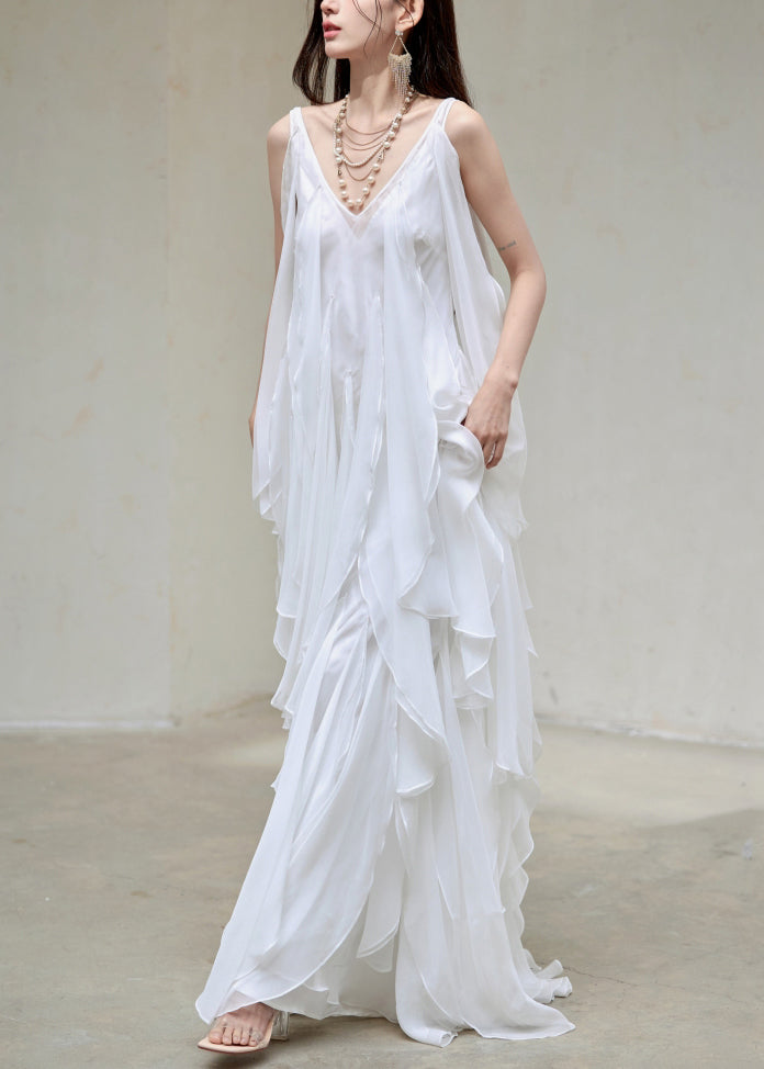 Italian White V Neck Layered Ruffled Silk Long Dresses Sleeveless