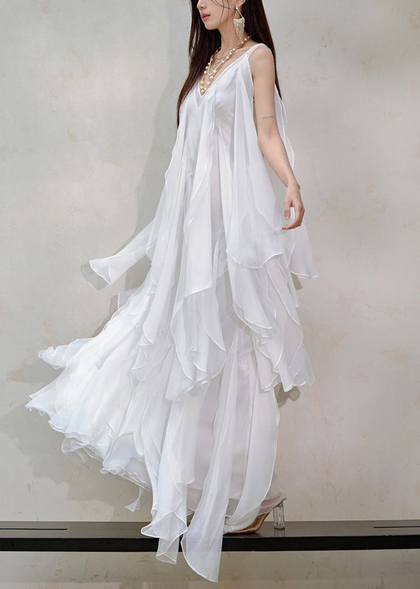 Italian White V Neck Layered Ruffled Silk Long Dresses Sleeveless