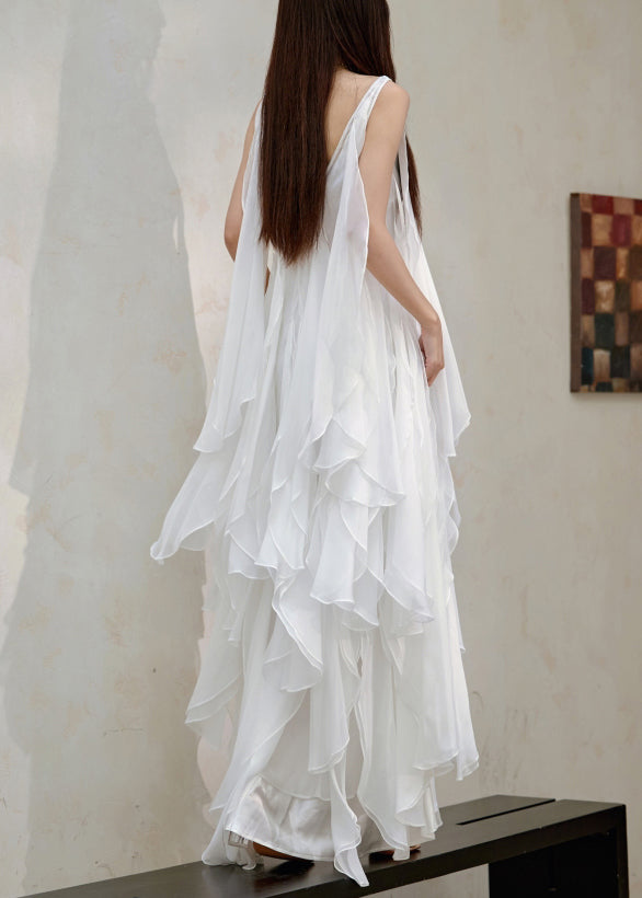 Italian White V Neck Layered Ruffled Silk Long Dresses Sleeveless