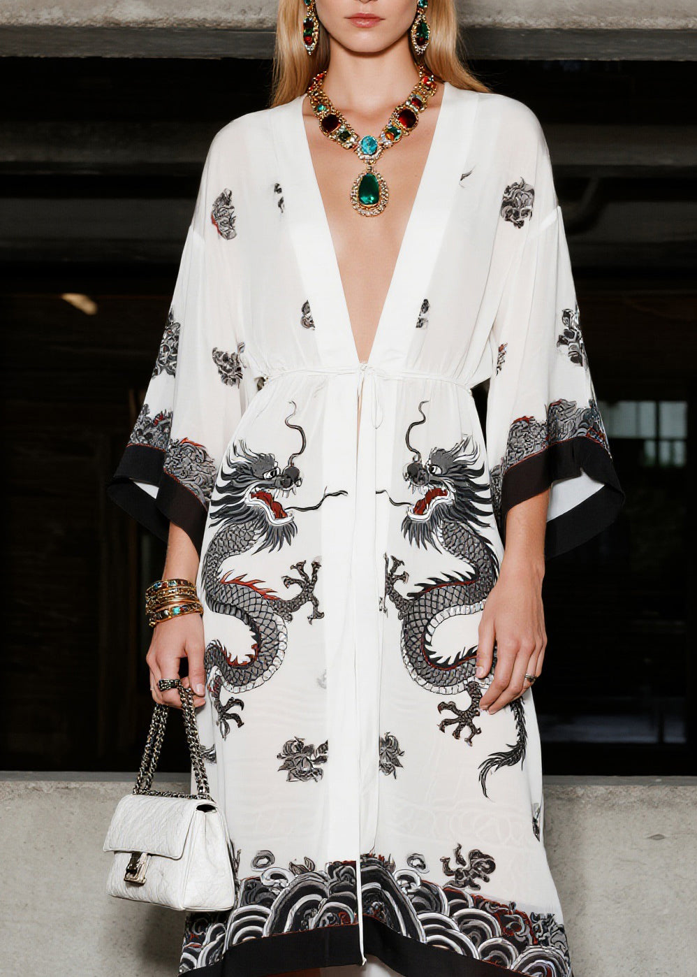 Italian White V Neck Oriental Print Chiffon Cardigan Summer - Omychic