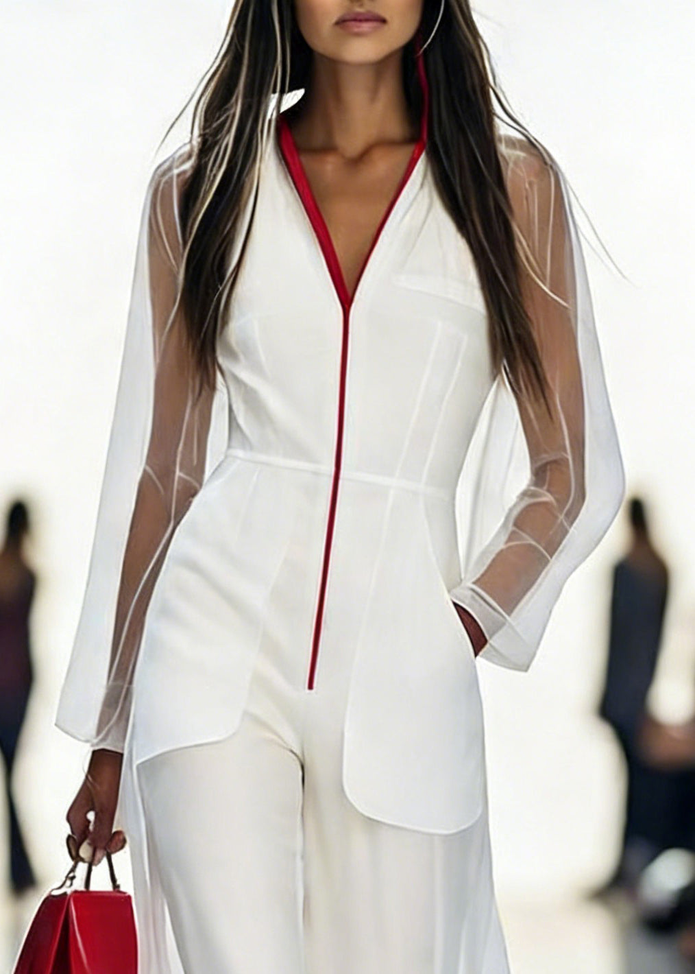 Italian White V Neck Pockets Tulle Jumpsuits Pants Spring