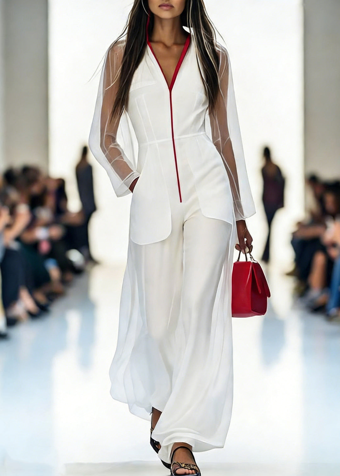 Italian White V Neck Pockets Tulle Jumpsuits Pants Spring