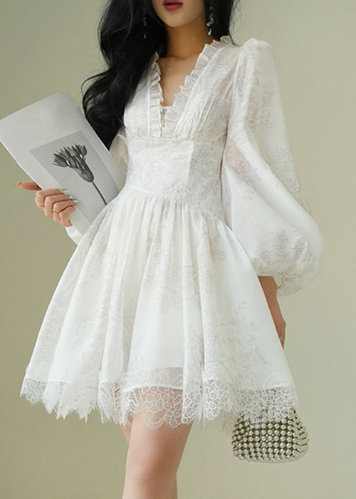 Italian White V Neck Print Lace Patchwork Mid Dress Puff Sleeve