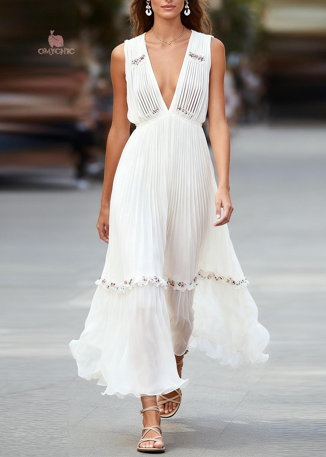 Italian White V Neck Ruffled Patchwork Chiffon Maxi Dresses Sleeveless