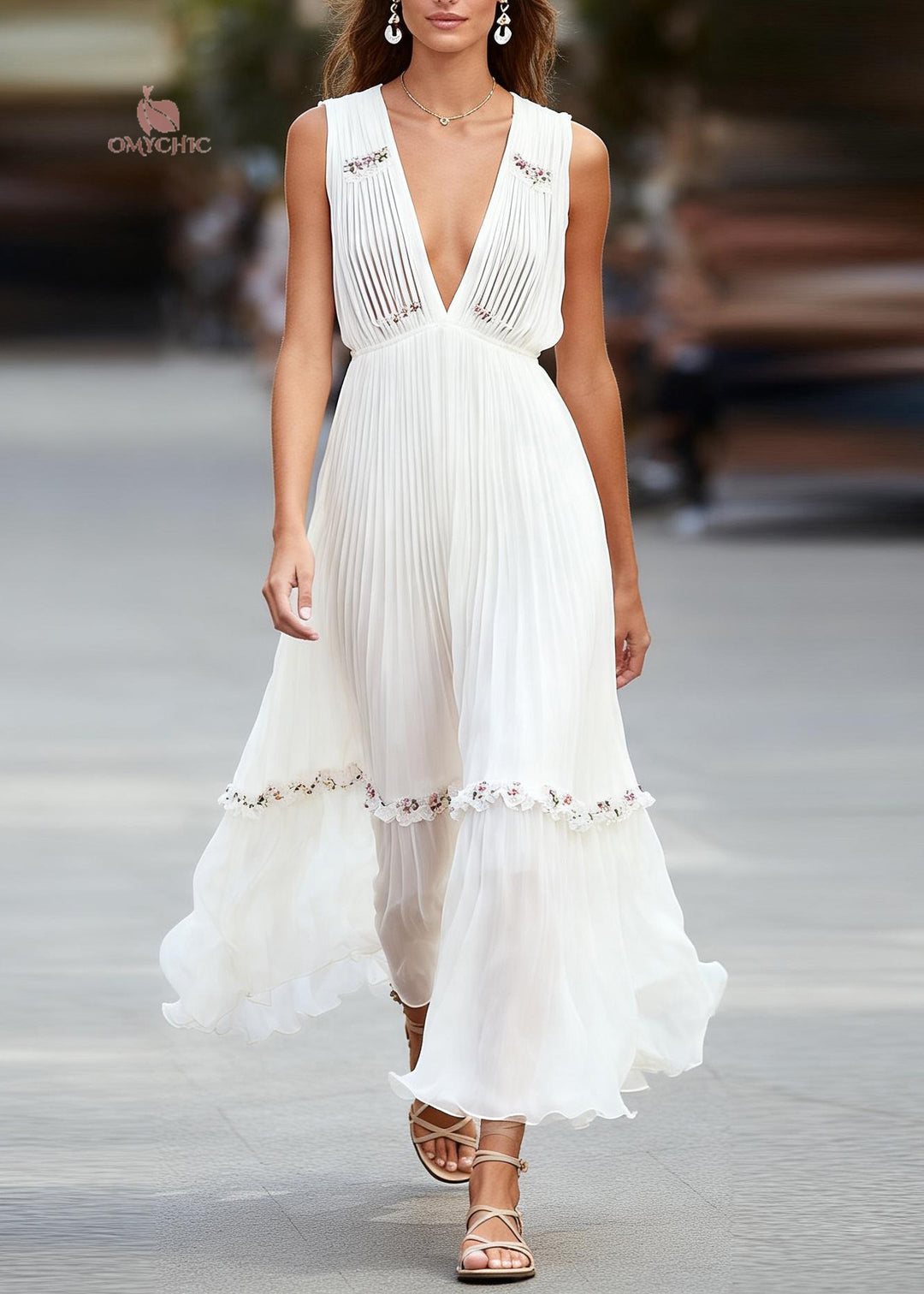 Italian White V Neck Ruffled Patchwork Chiffon Maxi Dresses Sleeveless