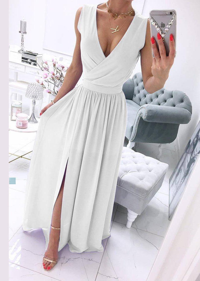 Italian White V Neck Side Open Patchwork Chiffon Dress Sleeveless