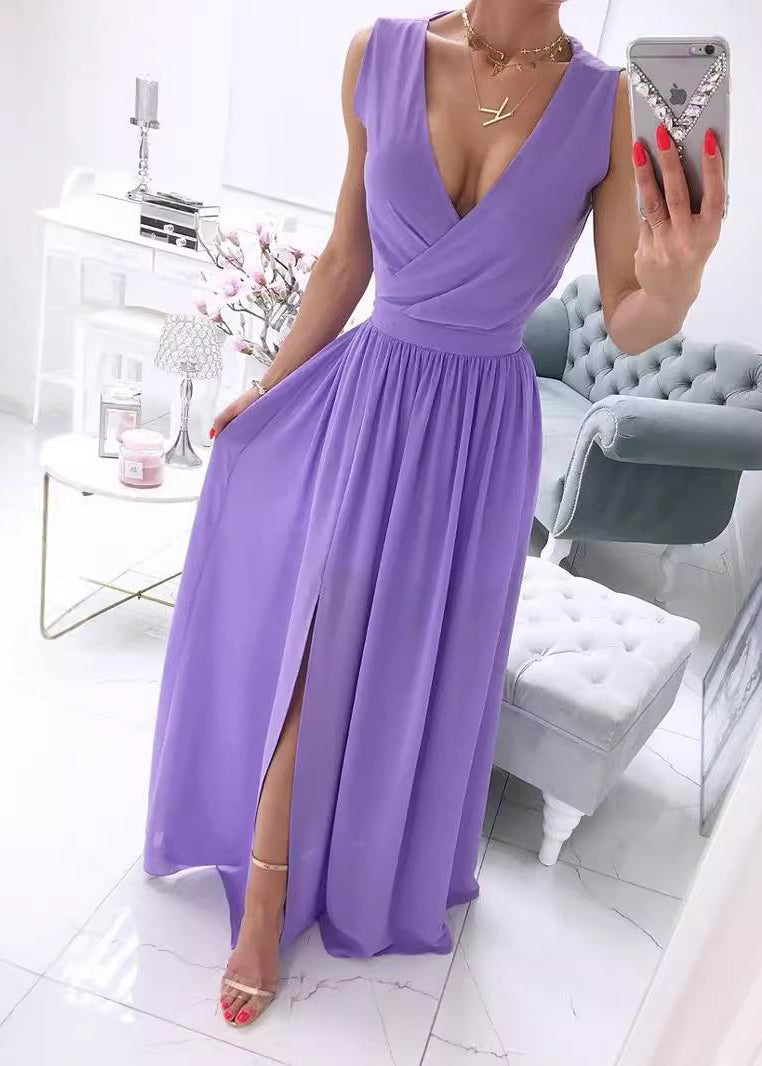 Italian White V Neck Side Open Patchwork Chiffon Dress Sleeveless