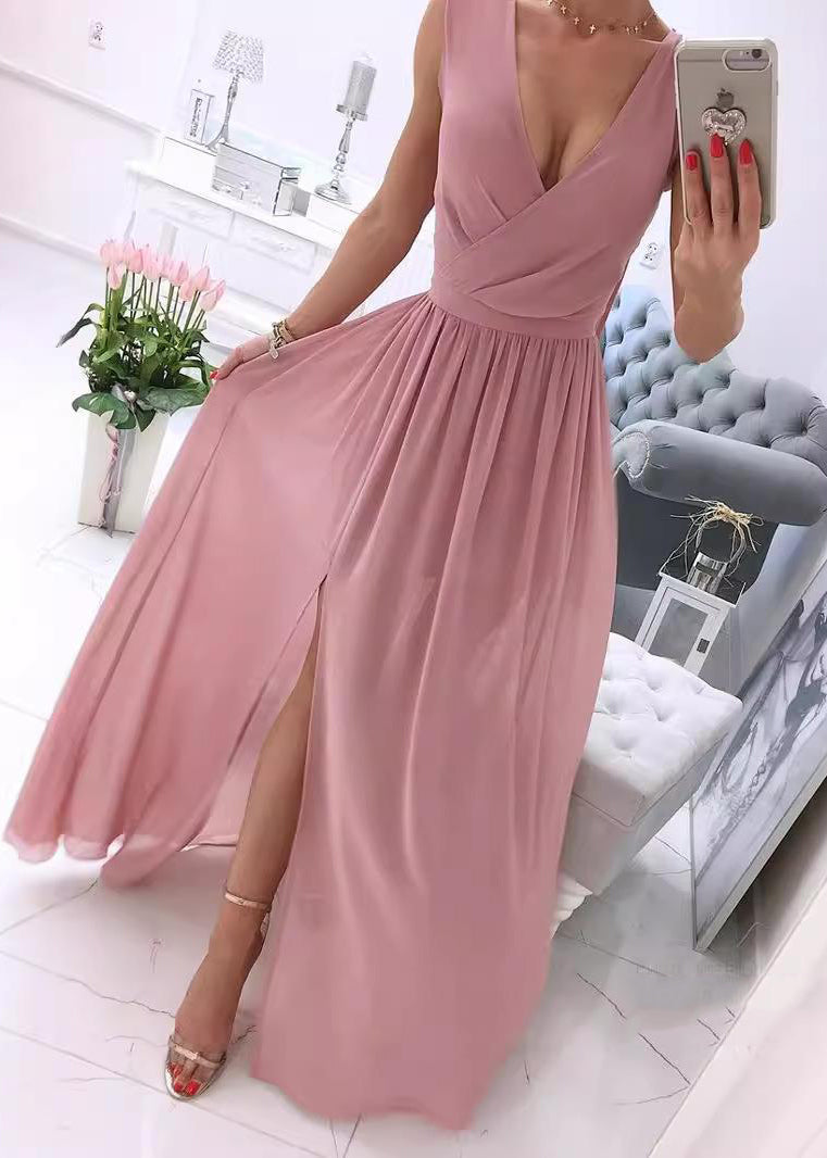 Italian White V Neck Side Open Patchwork Chiffon Dress Sleeveless