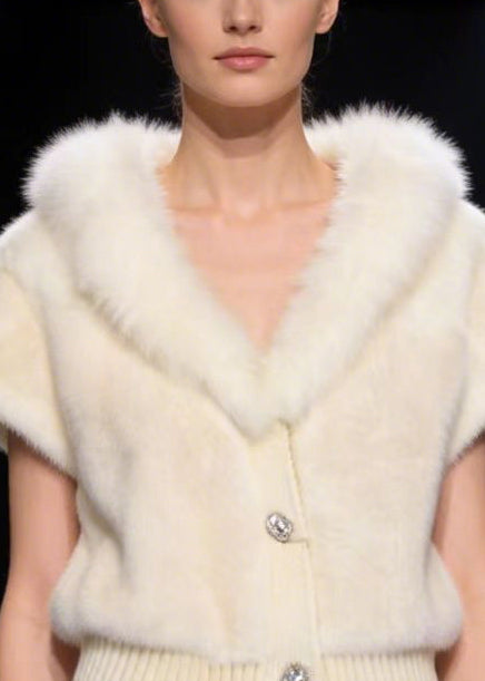 Italian White V-Neck Warm Faux Fur Coat Short Sleeve