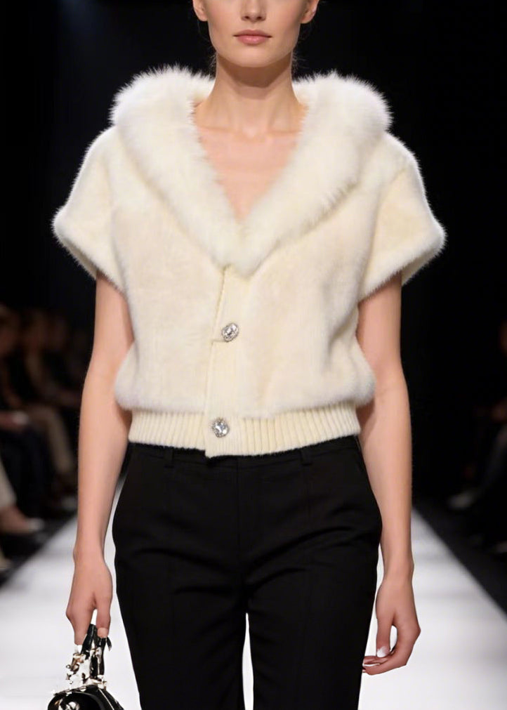 Italian White V-Neck Warm Faux Fur Coat Short Sleeve
