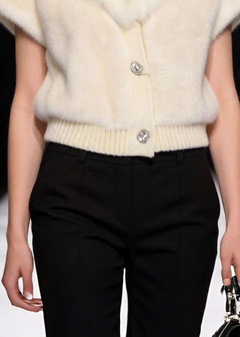 Italian White V-Neck Warm Faux Fur Coat Short Sleeve