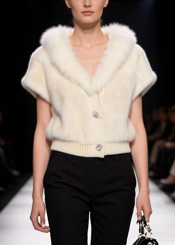 Italian White V-Neck Warm Faux Fur Coat Short Sleeve