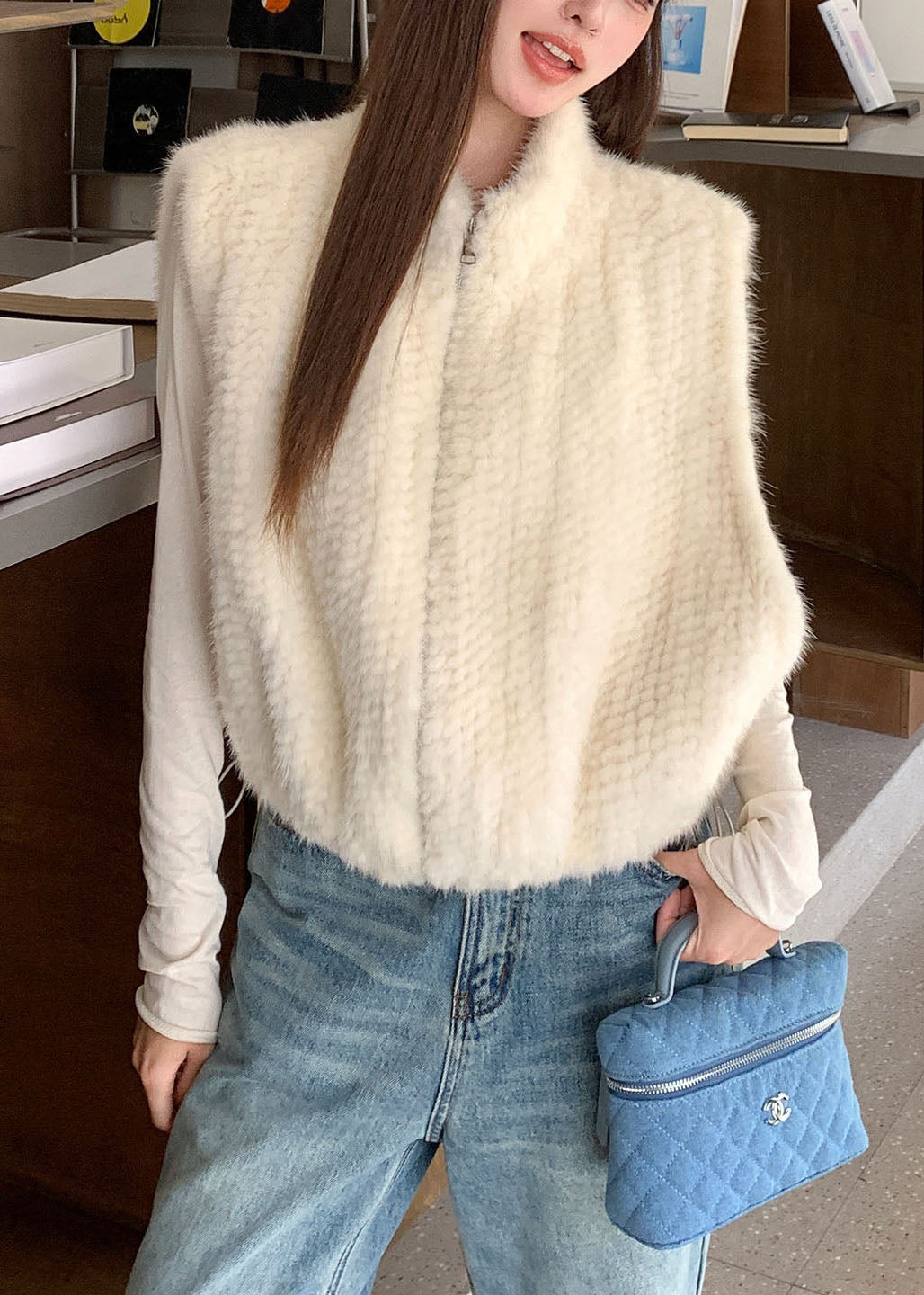Italian White Zippered Drawstring Mink Hair Waistcoat Sleeveless