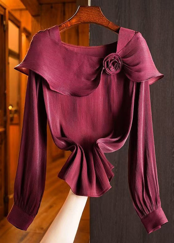 Italian Wine Red Square Collar Floral Chiffon Shirts Fall