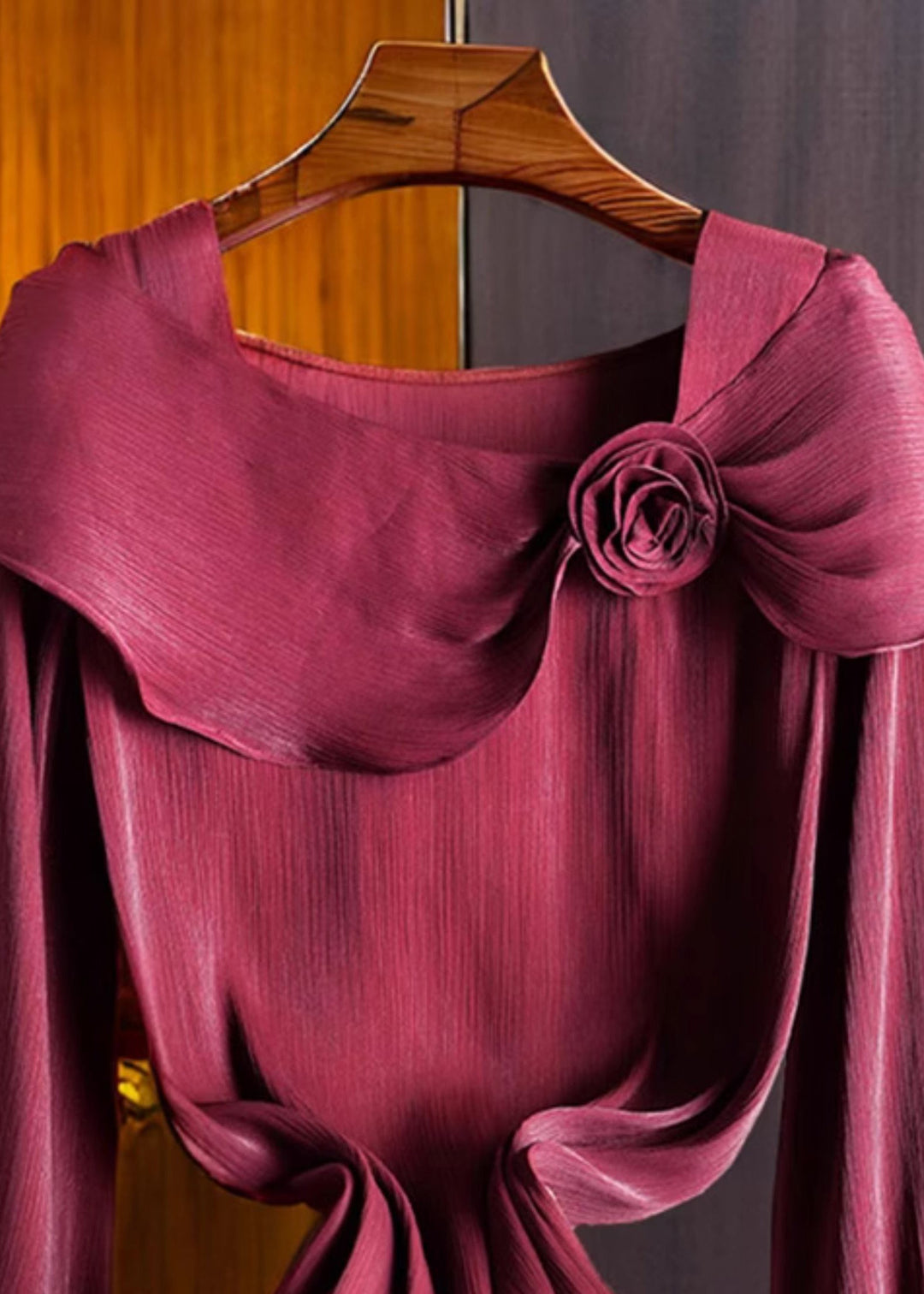 Italian Wine Red Square Collar Floral Chiffon Shirts Fall