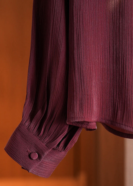 Italian Wine Red Square Collar Floral Chiffon Shirts Fall