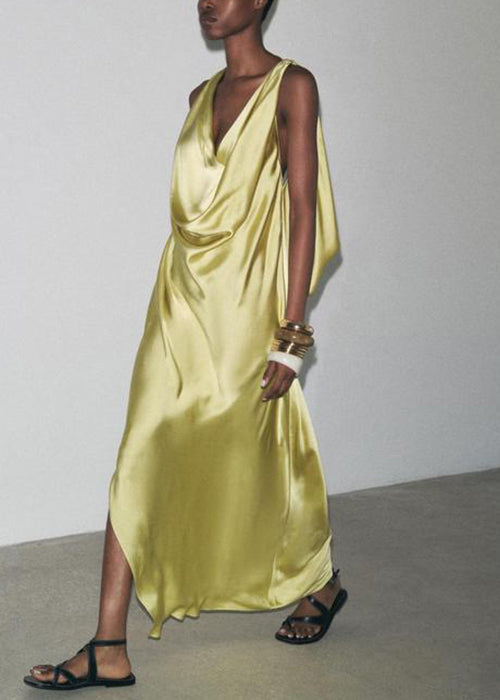 Italian Yellow Backless Side Open Silk Maxi Dress Sleeveless
