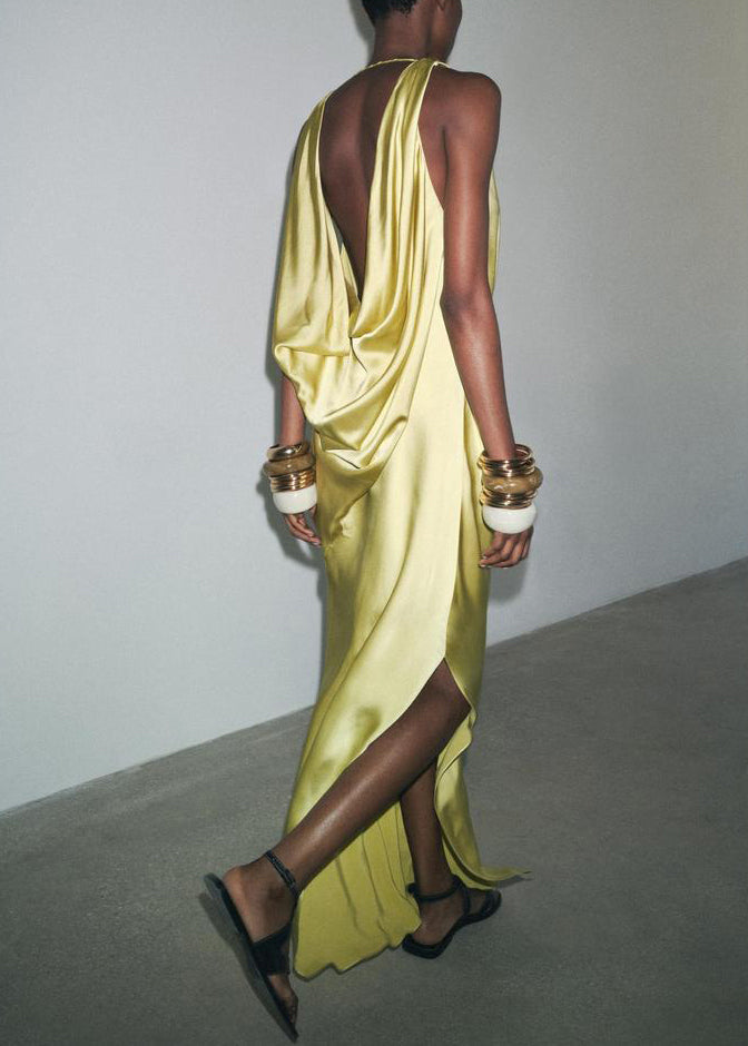 Italian Yellow Backless Side Open Silk Maxi Dress Sleeveless