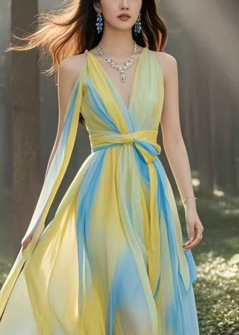 Italian Yellow Cinched Tie Dye Chiffon Cami Dress Summer