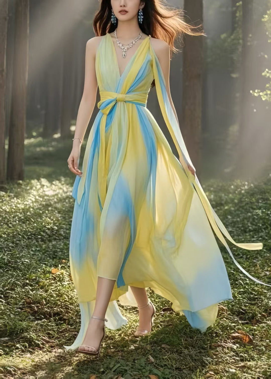 Italian Yellow Cinched Tie Dye Chiffon Cami Dress Summer