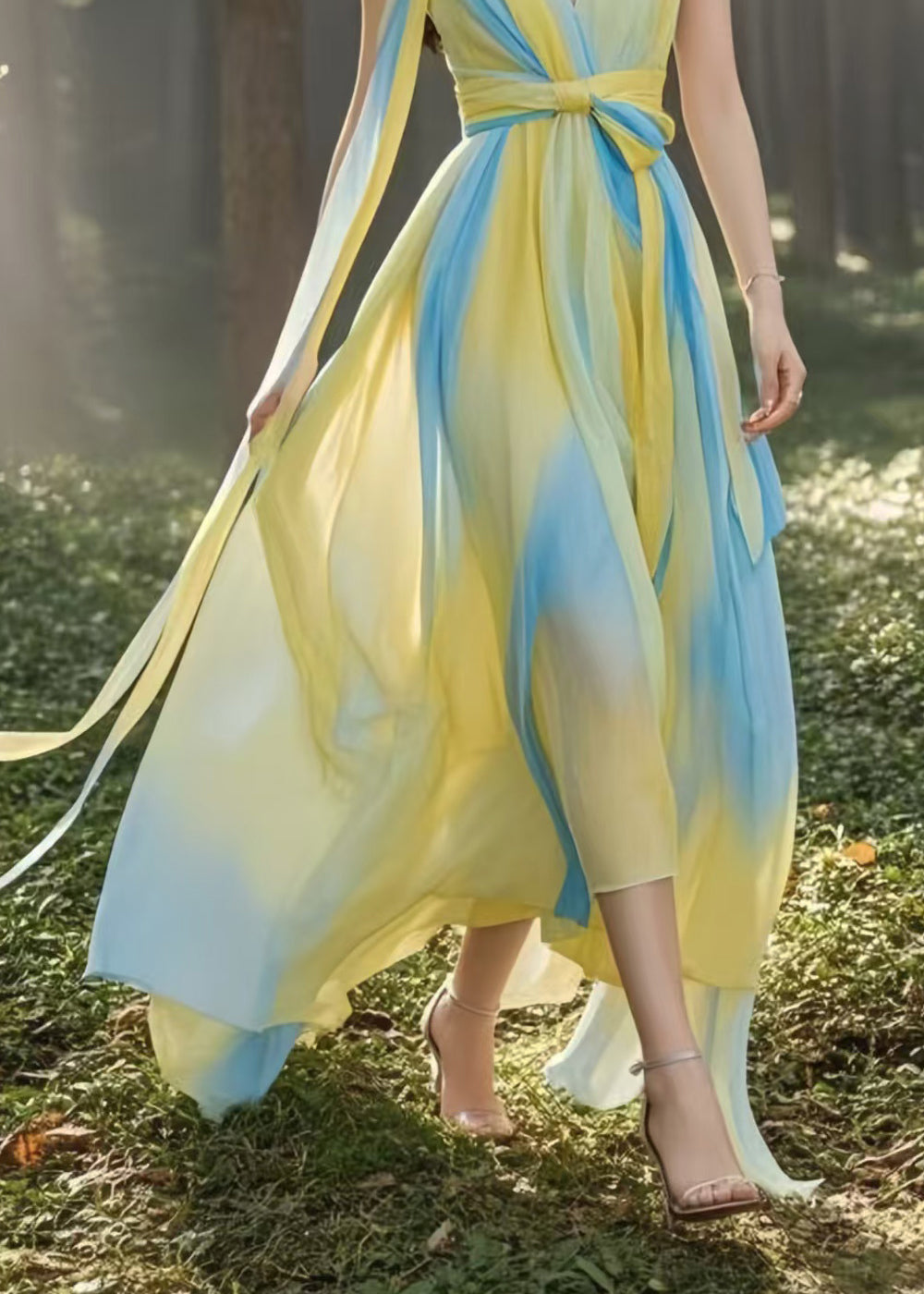Italian Yellow Cinched Tie Dye Chiffon Cami Dress Summer