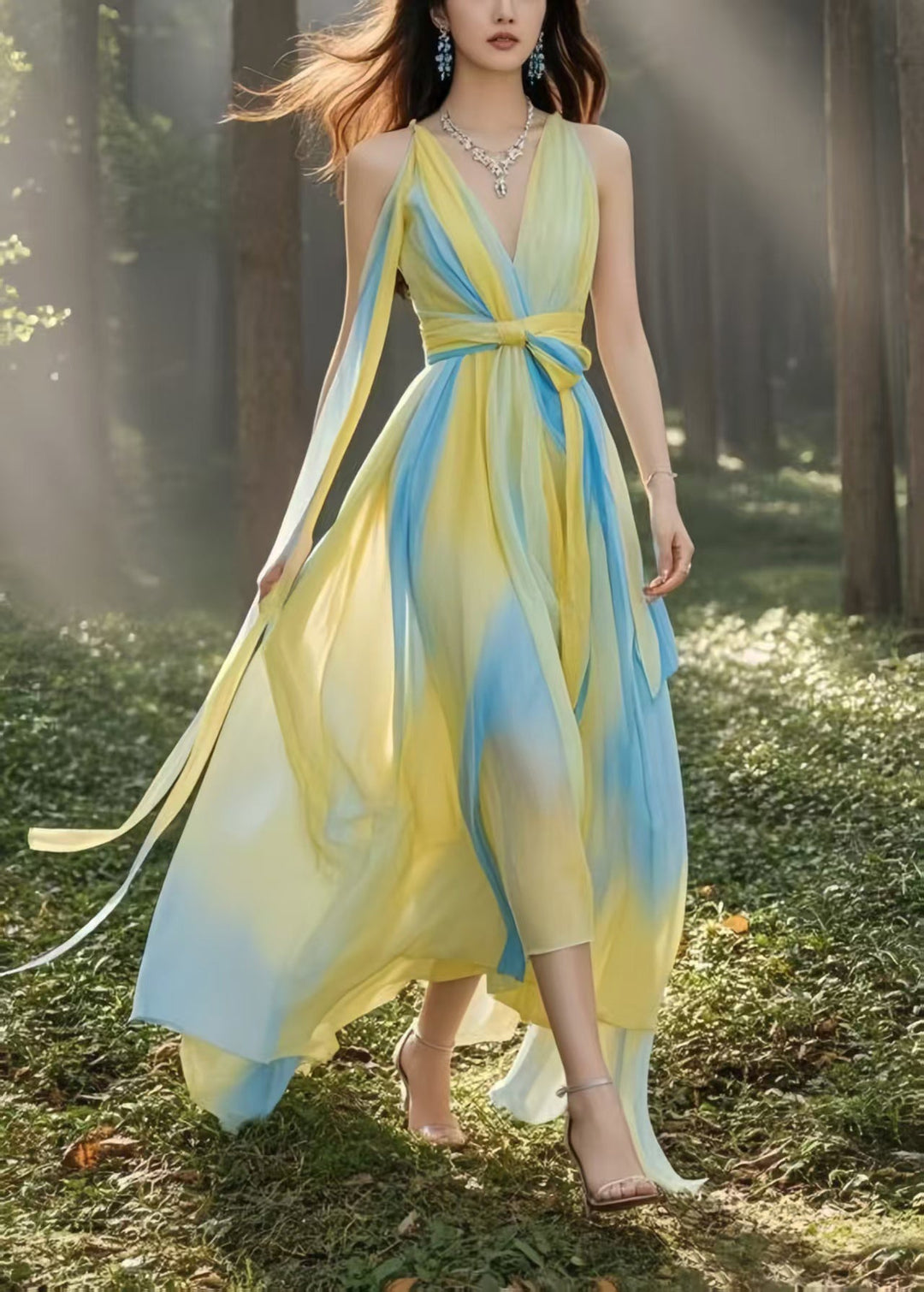 Italian Yellow Cinched Tie Dye Chiffon Cami Dress Summer