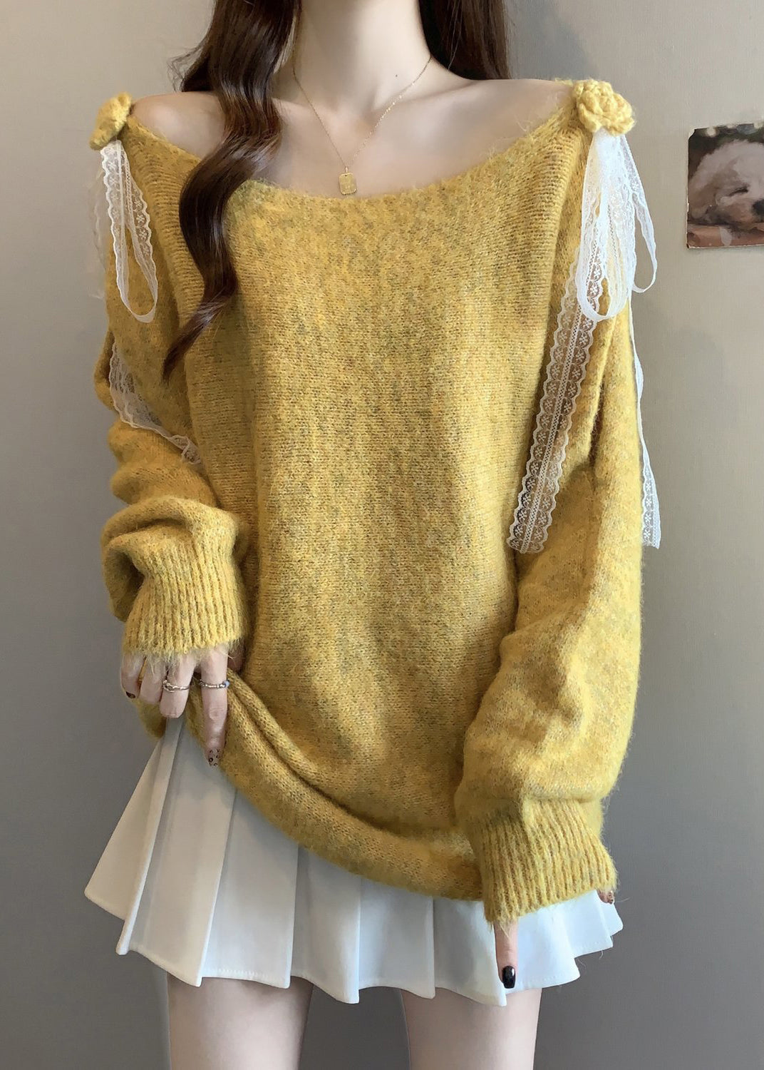 Italian Yellow Hollow Out Lace Patchwork Knit Sweater Fall