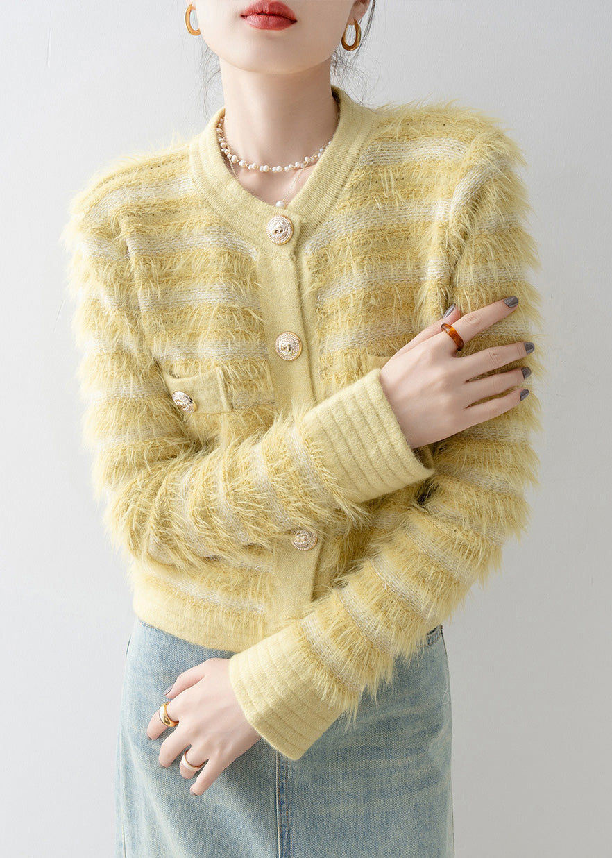 Italian Yellow O Neck Button Mink Hair Knitted Cardigans Spring