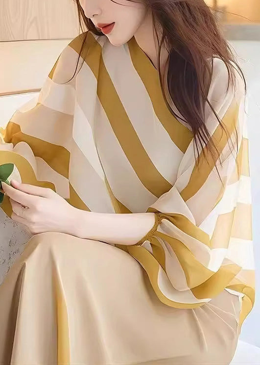 Italian Yellow O-Neck Striped Chiffon Shirt Batwing Sleeve