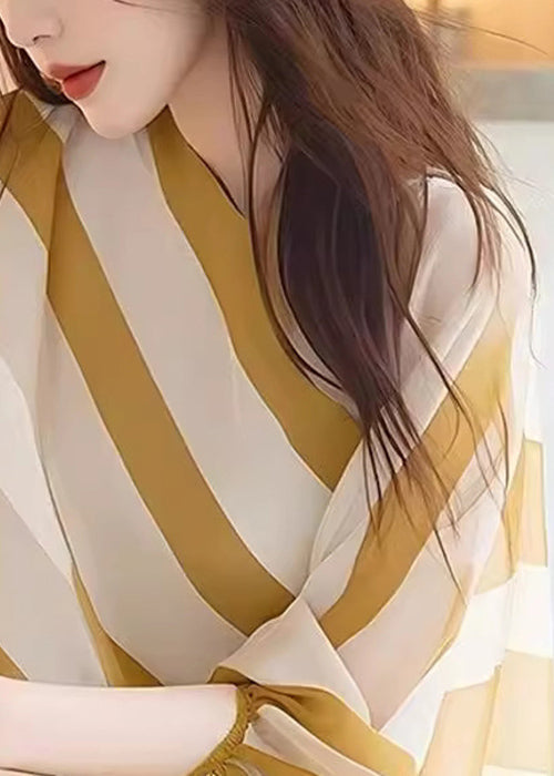 Italian Yellow O-Neck Striped Chiffon Shirt Batwing Sleeve