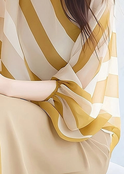 Italian Yellow O-Neck Striped Chiffon Shirt Batwing Sleeve
