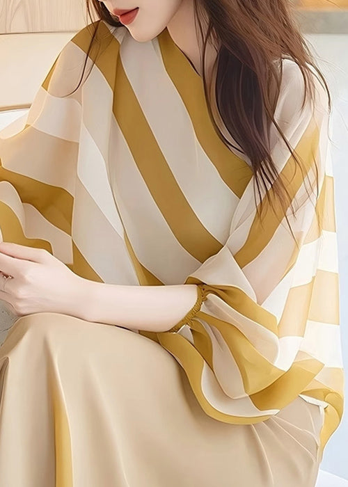 Italian Yellow O-Neck Striped Chiffon Shirt Batwing Sleeve