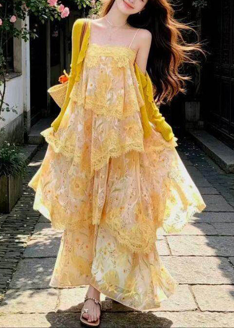 Italian Yellow Print Lace Patchwork Chiffon Sundress Summer