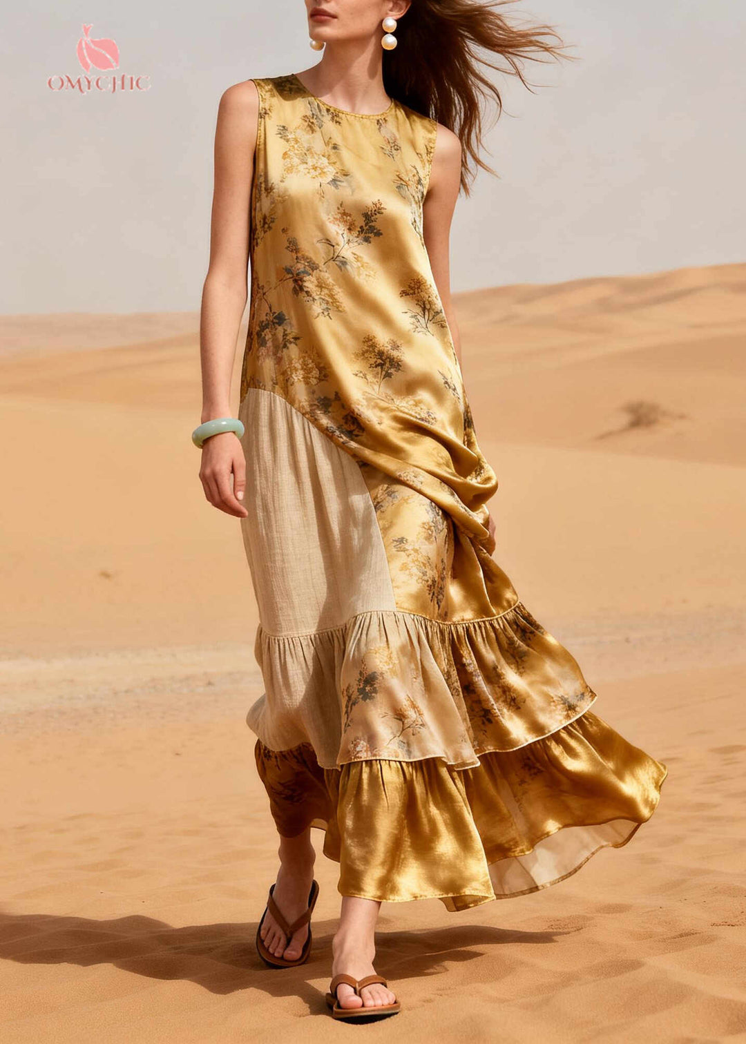 Italian Yellow Ruffled Patchwork Print Silk Holiday Dress Summer