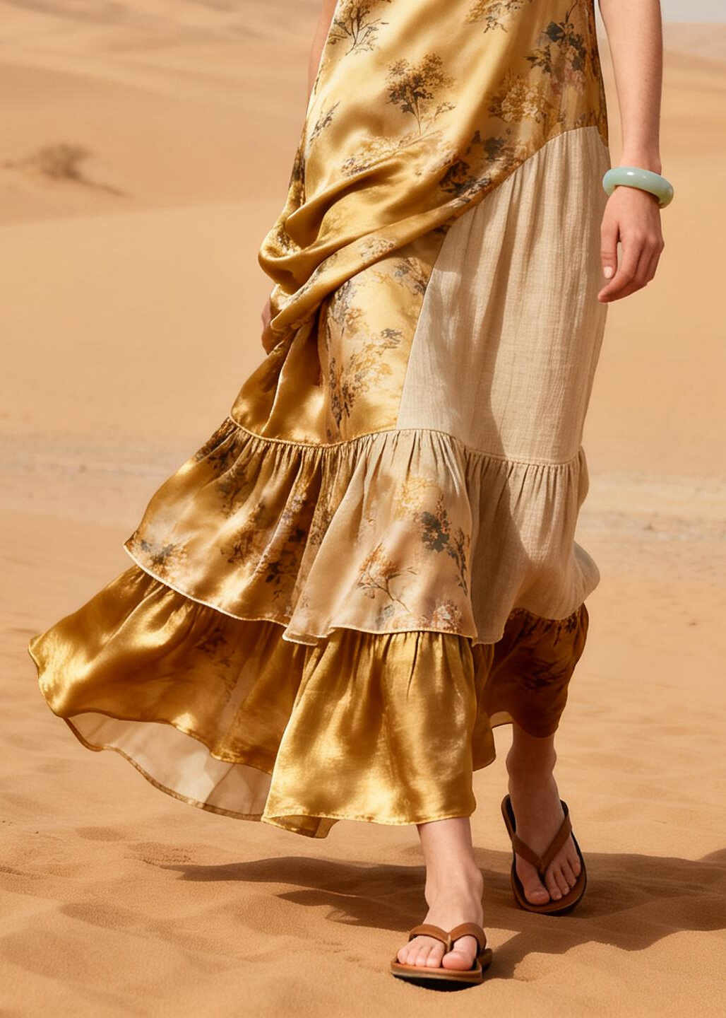 Italian Yellow Ruffled Patchwork Print Silk Holiday Dress Summer