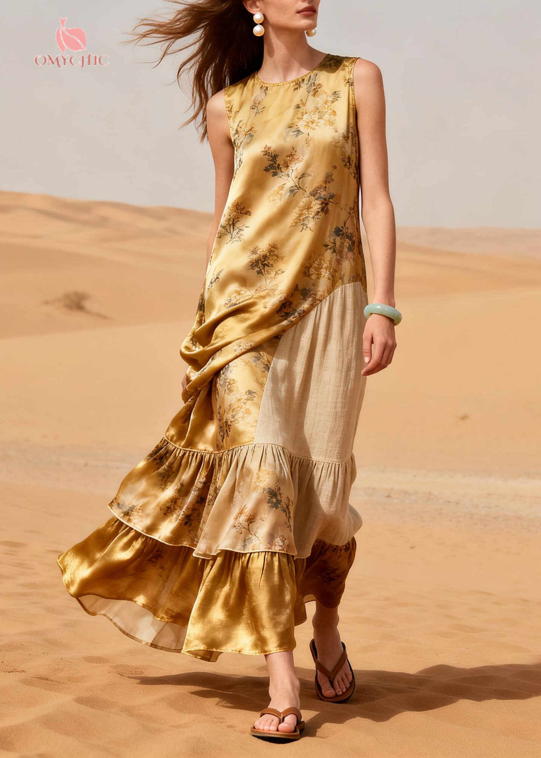 Italian Yellow Ruffled Patchwork Print Silk Holiday Dress Summer