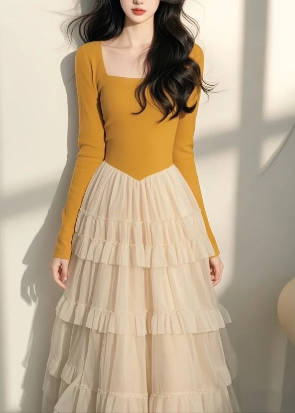 Italian Yellow Square Collar Tulle Patchwork Long Dress Spring