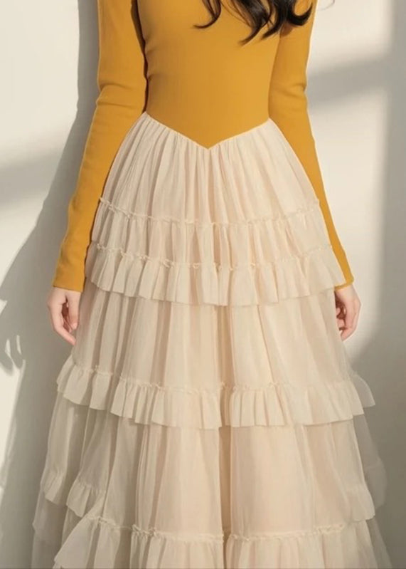 Italian Yellow Square Collar Tulle Patchwork Long Dress Spring