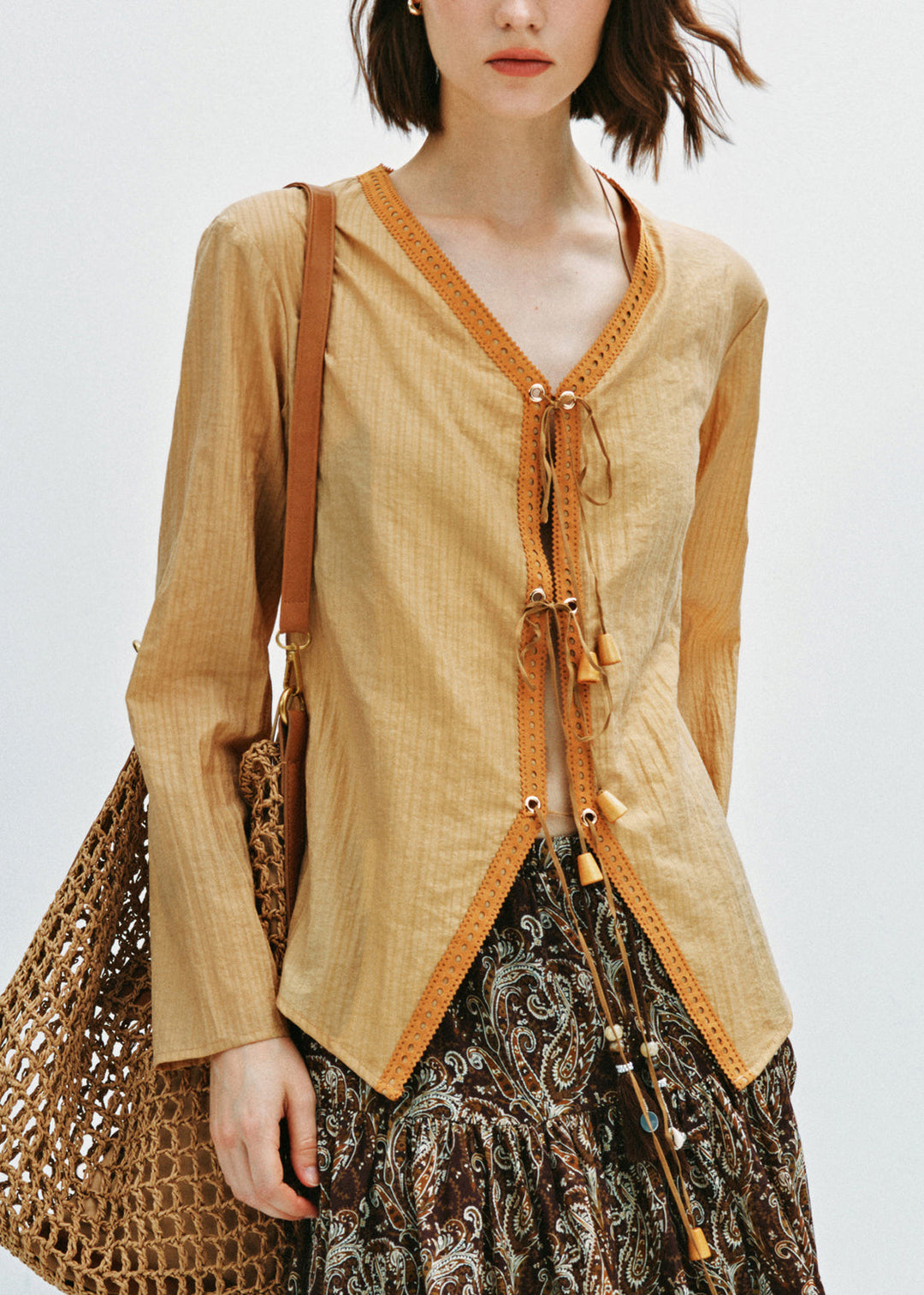 Italian Yellow V Neck Lace Up Cotton Shirt Fall