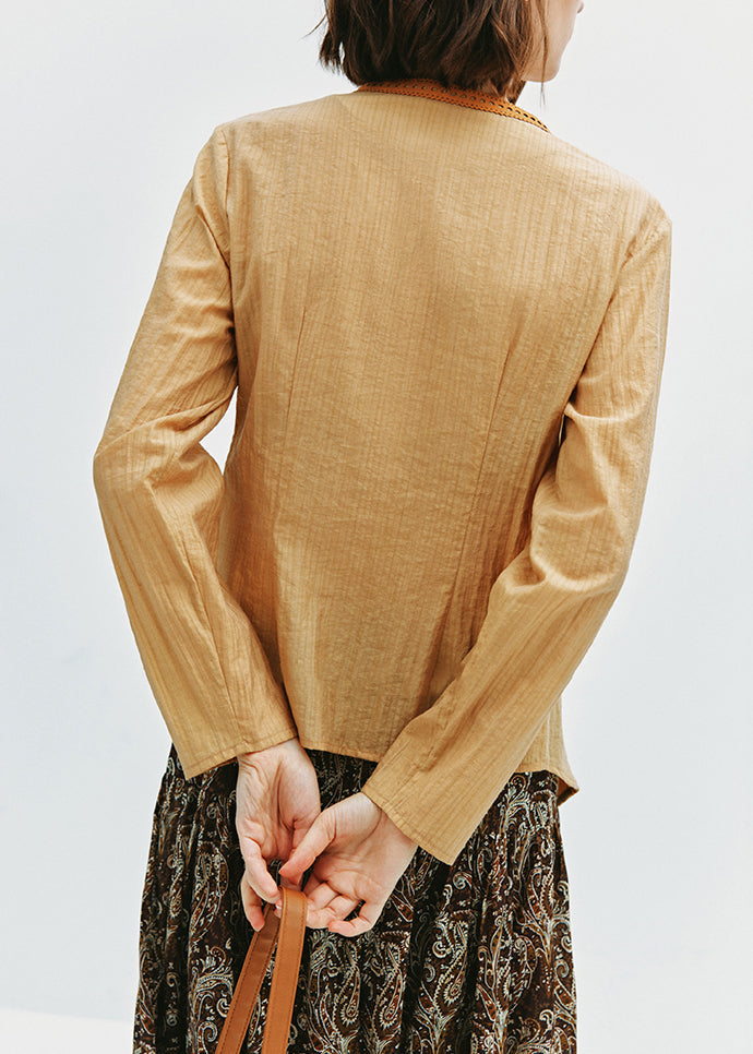 Italian Yellow V Neck Lace Up Cotton Shirt Fall