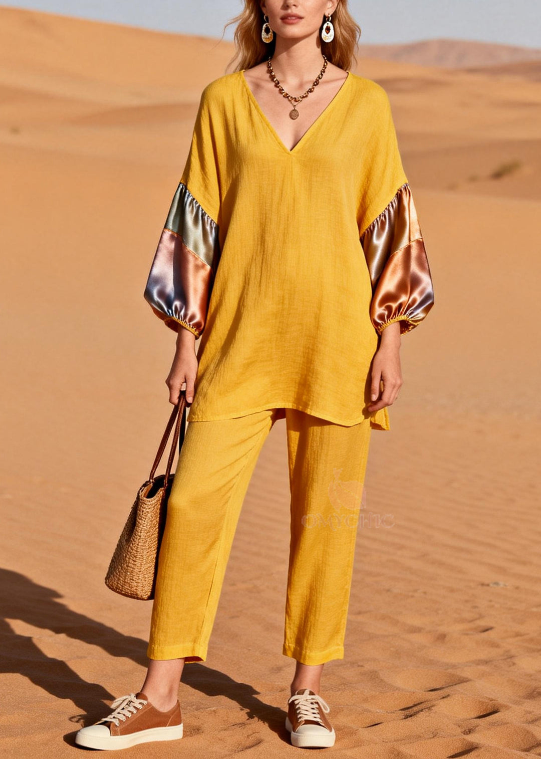 Italian Yellow V Neck Patchwork Silk Cotton Two Piece Suit Set Spring