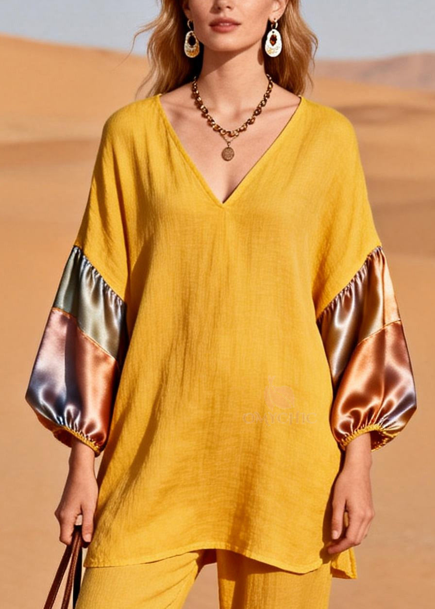 Italian Yellow V Neck Patchwork Silk Cotton Two Piece Suit Set Spring