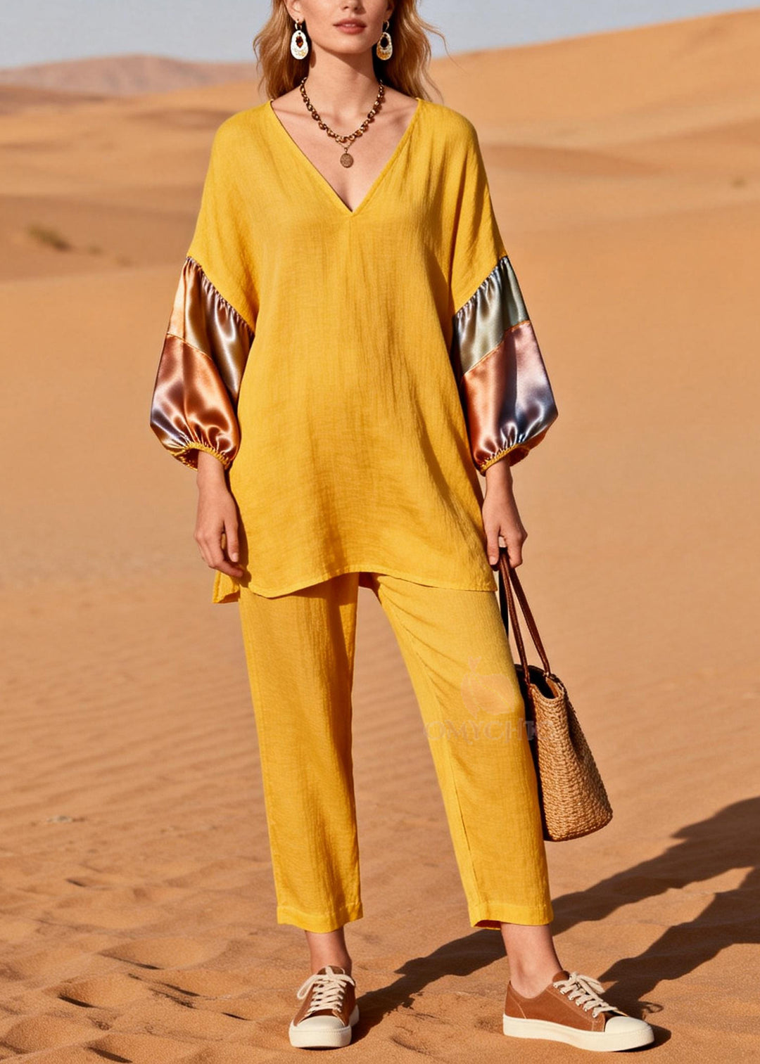 Italian Yellow V Neck Patchwork Silk Cotton Two Piece Suit Set Spring