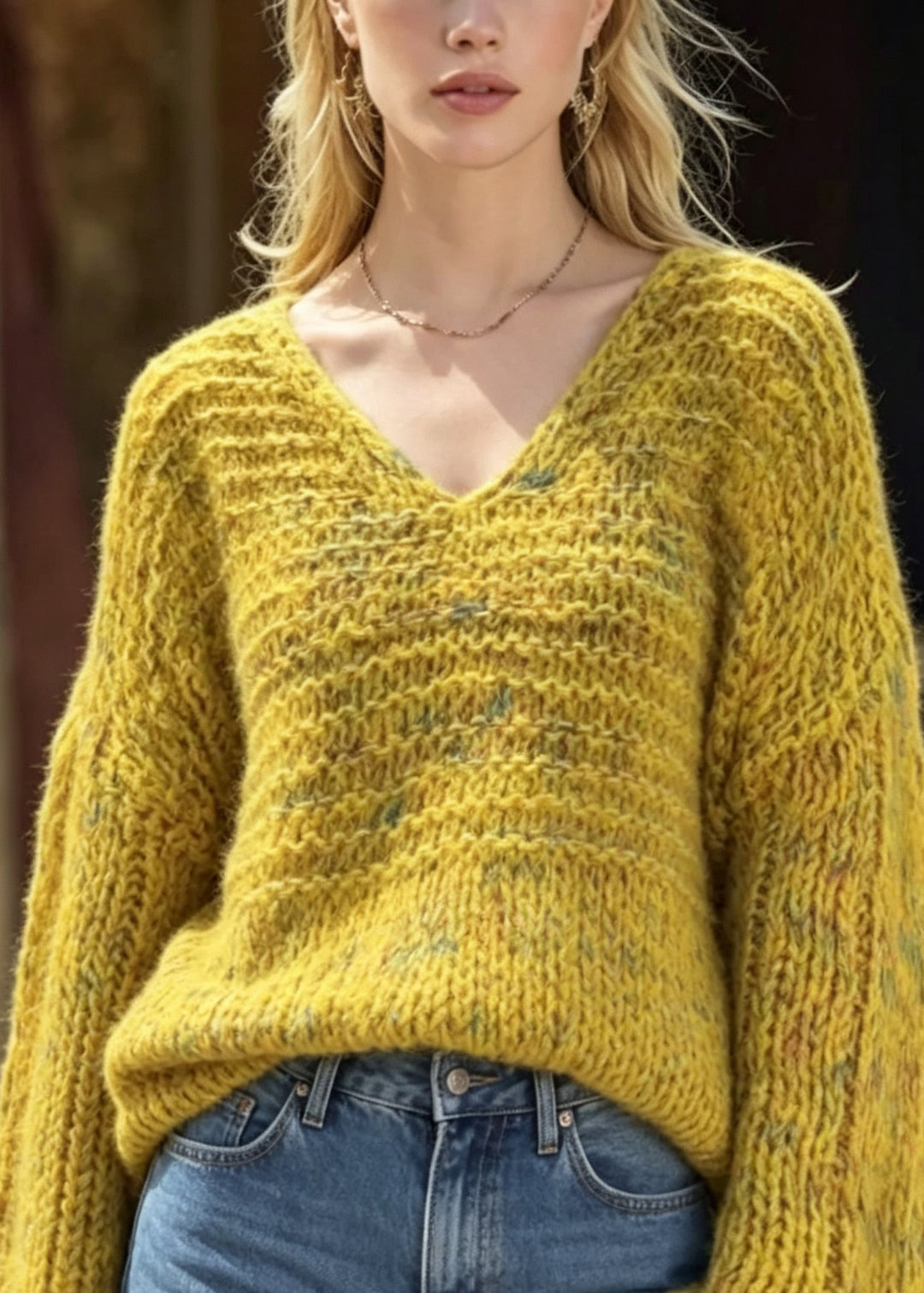 Italian Yellow V Neck Thick Patchwork Knit Sweaters Tops Fall