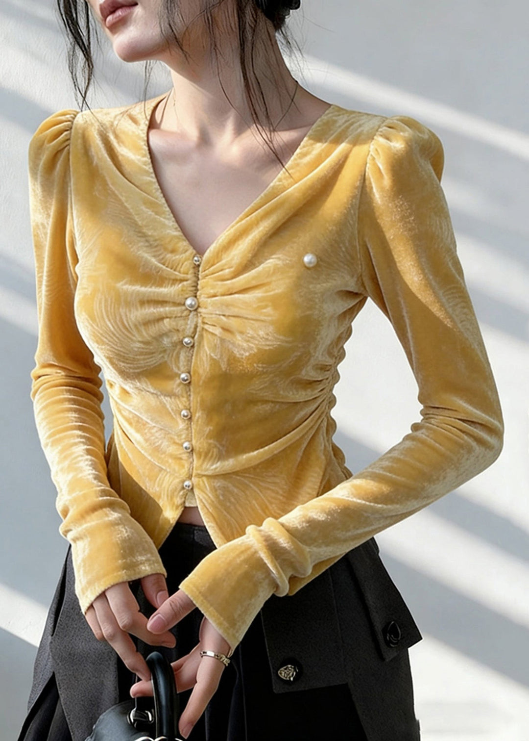 Italian Yellow V Neck Wrinkled Silk Velour Shirt Spring