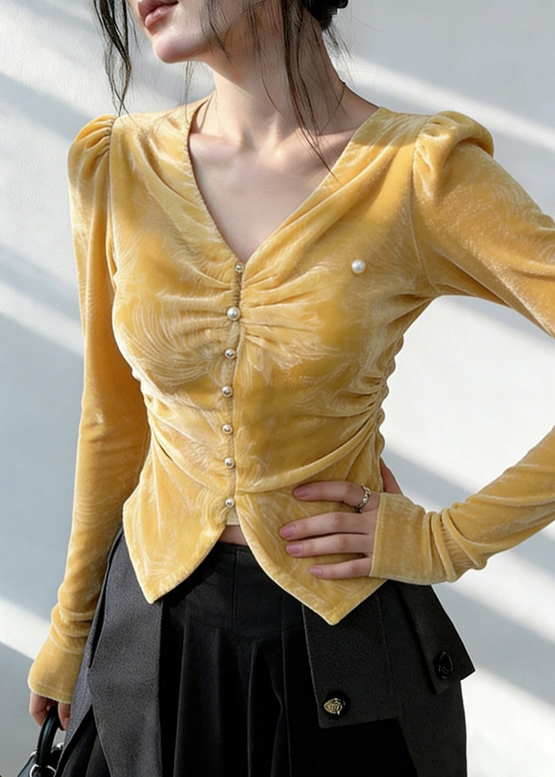 Italian Yellow V Neck Wrinkled Silk Velour Shirt Spring