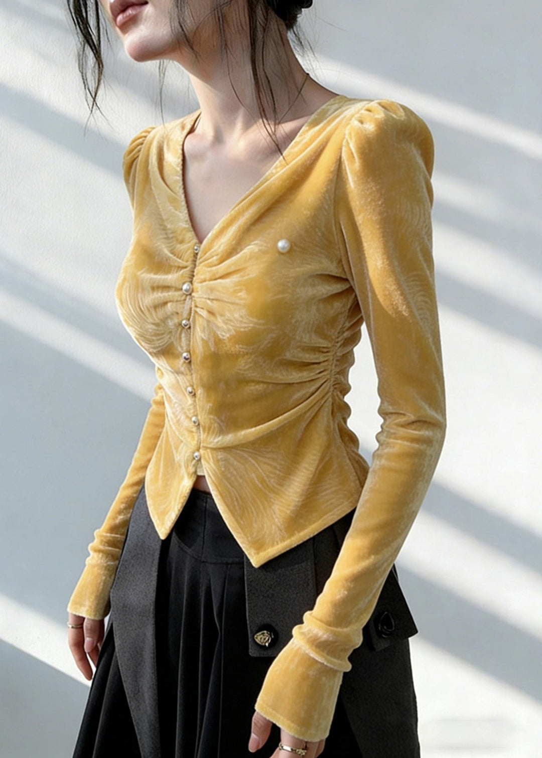 Italian Yellow V Neck Wrinkled Silk Velour Shirt Spring