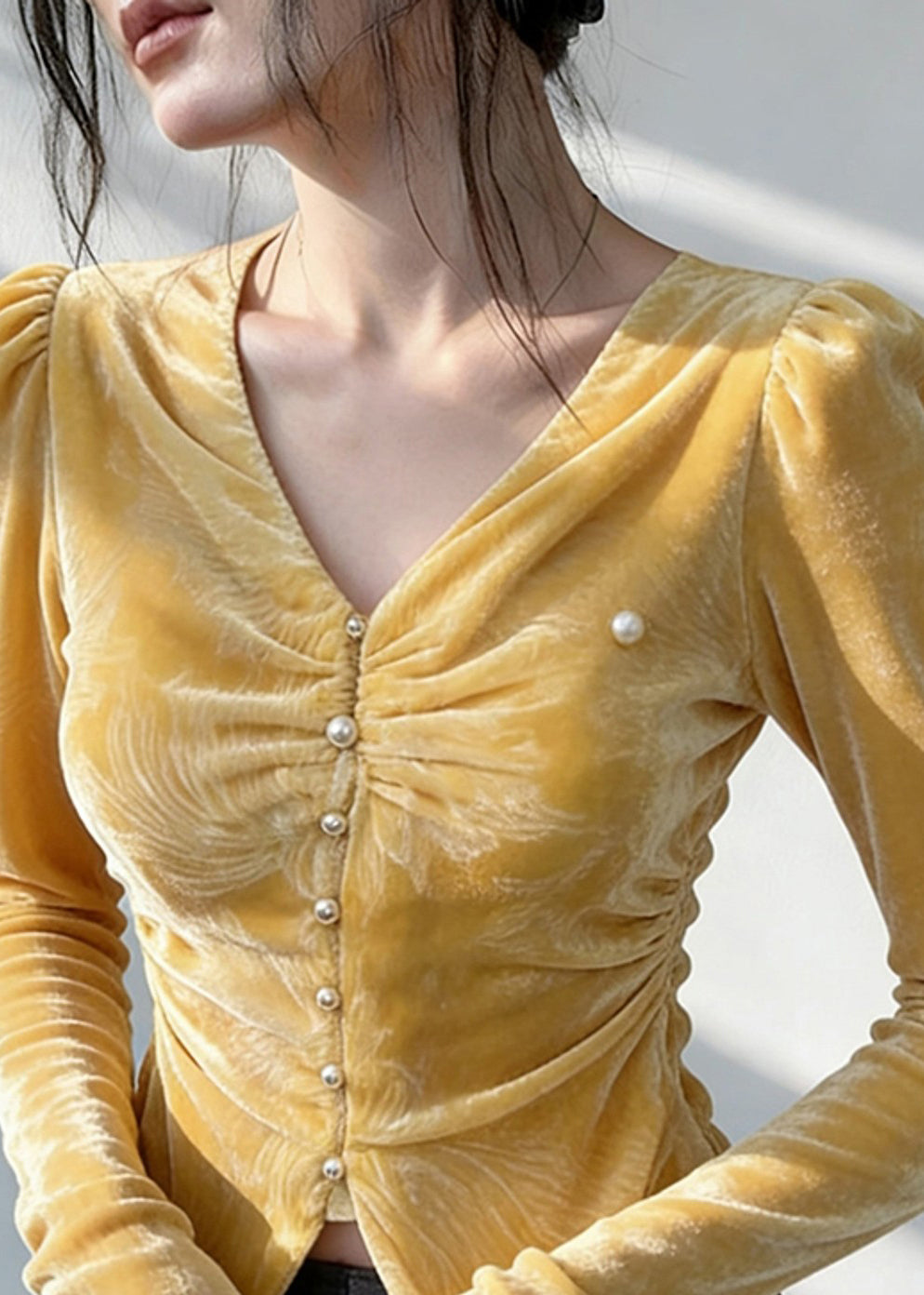 Italian Yellow V Neck Wrinkled Silk Velour Shirt Spring