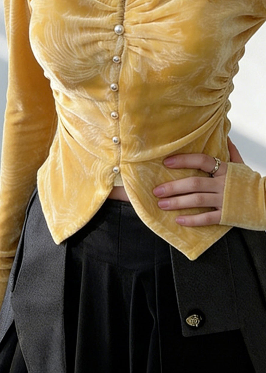 Italian Yellow V Neck Wrinkled Silk Velour Shirt Spring