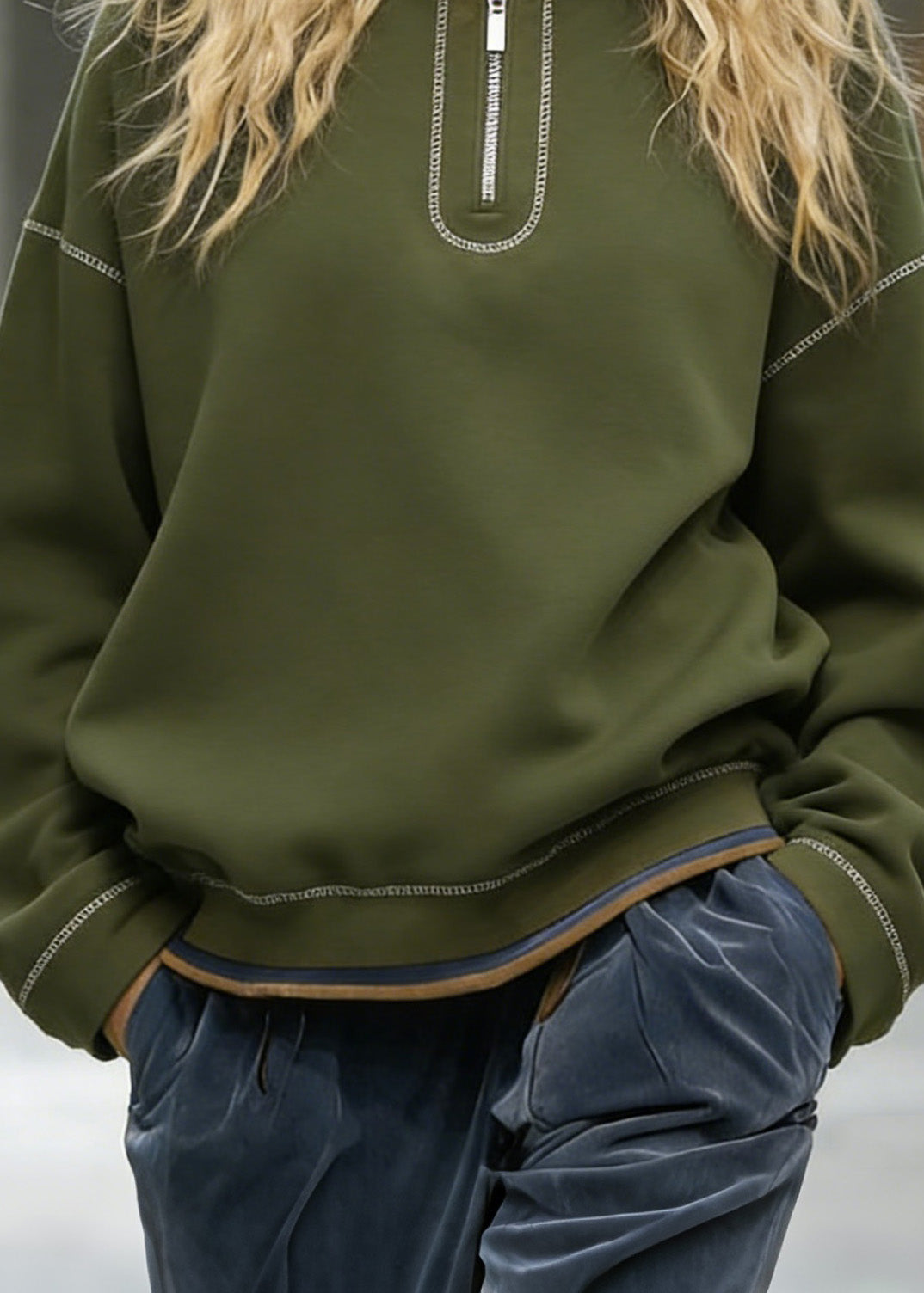 Italian Zip Up Patchwork Cotton Sweatshirts Top Spring